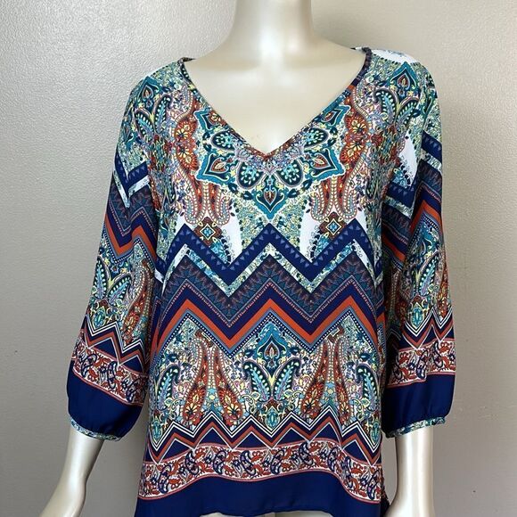 Renee C. No iron Large Paisley Chevron V-Neck 3/4 Sleeve Vibrant Boho Blouse top - Picture 7 of 11